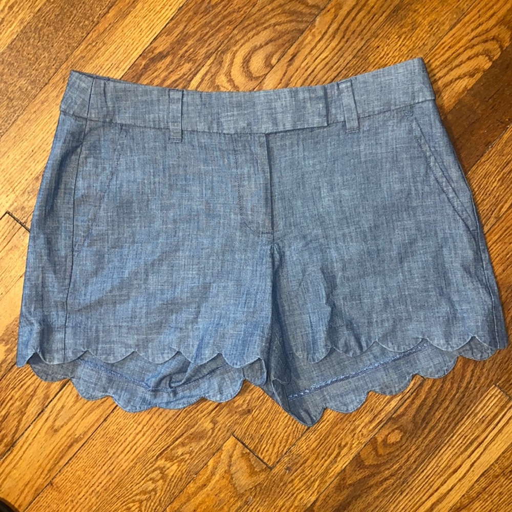 NWT! J. Crew Chambray Scalloped Shorts, Size 2.